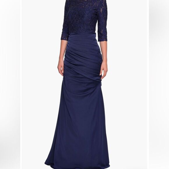 La Femme 29324 Off Shoulder Trumpet Evening Dress Navy size 16 NWT $618 - Picture 6 of 7